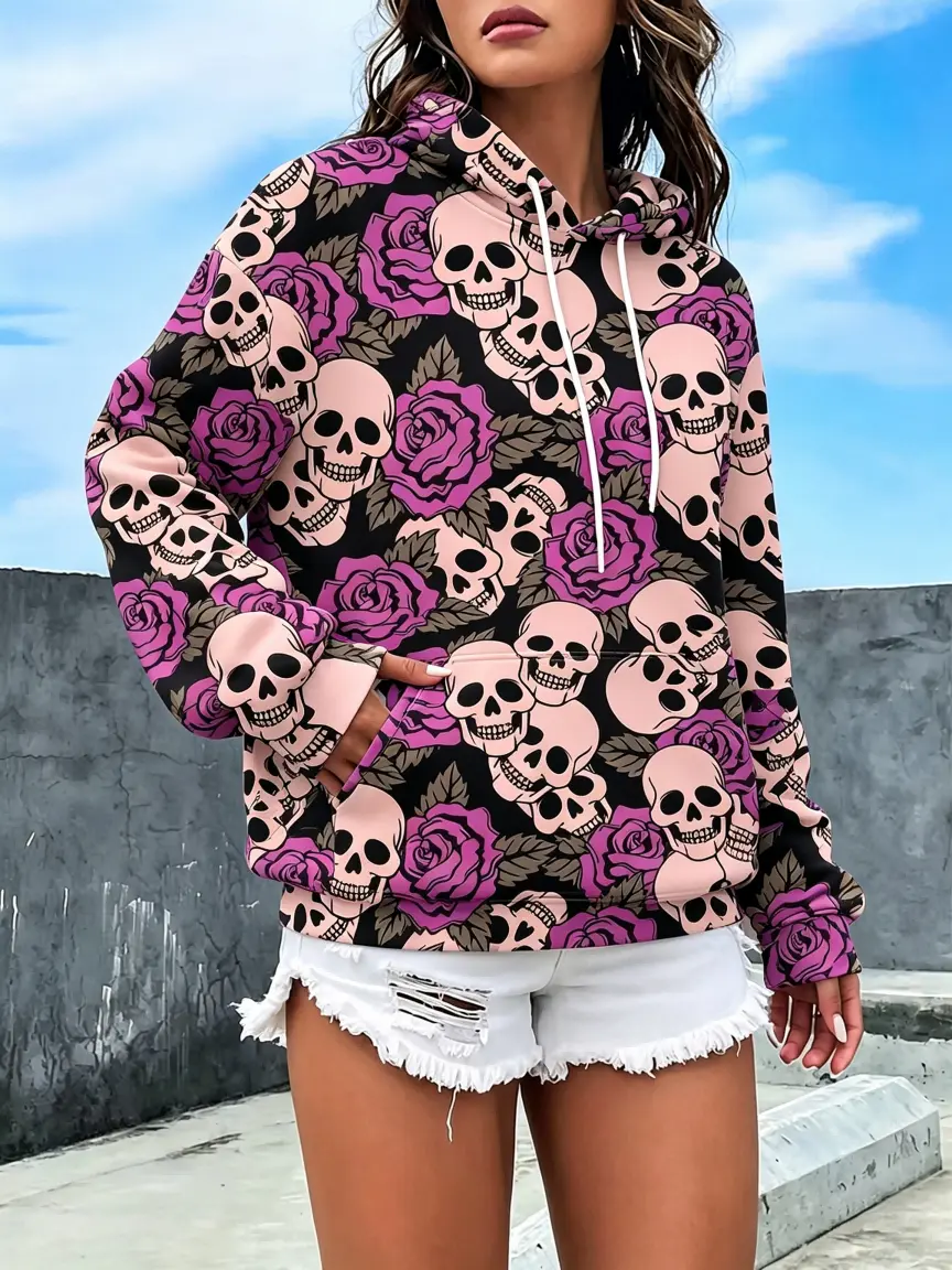 Women’s Plus Size Skull Print Hooded Sweatshirt, Loose Casual Long Sleeve Pullover Hoodie with Pockets, Autumn/Winter Top