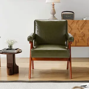 Modern Accent Chair, Upholstered Leather Armchair with Anti-slip Foot Pads, Ideal for Reception Room/Hosting Room/Bedroom, Dark Green