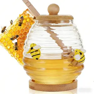 Honey Dispenser, Glass Honey Jar, Spiral Honeycomb Jar, Honey Rack, Honey Container with Spoon and Lid, Decorative Honey Container Suitable for Countertops, Dining Tables and Kitchen Decoration.