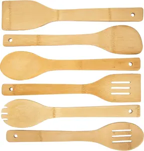 Bamboo Wood Cooking Utensil Set - 6-Piece Kitchen Accessories for Nonstick Cookware, Bamboo Spatula and Spoon for Stirring, Frying, Mixing, Serving