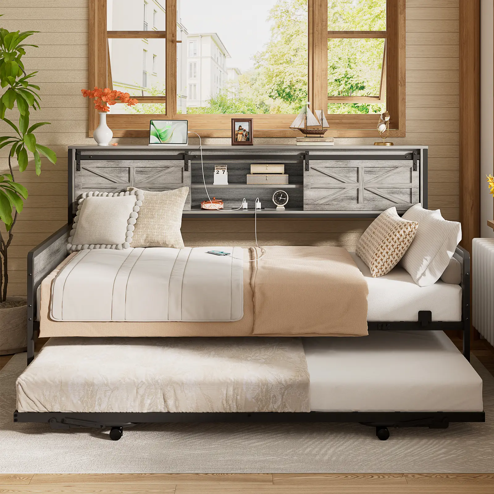 Homieasy Farmhouse Daybed with Trundle – Light Oak Finish, Charging Station, Bookcase Headboard Included