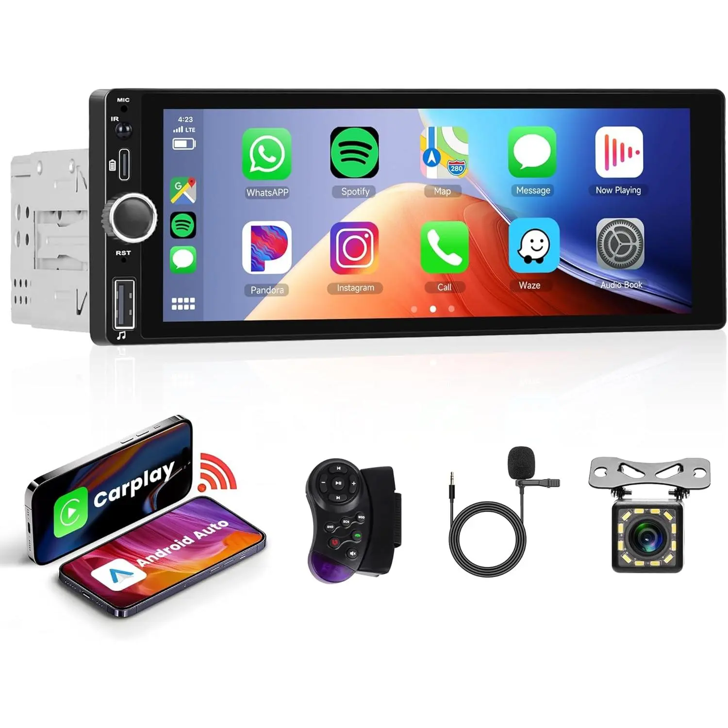 Single Din Car Stereo - 6.86 in 1 Din Carplay Touchscreen with Wireless Carplay, Android Auto Player, Bluetooth, FM/RDS, EQ, Rear View Camera Input, USB Type-C, Steering Wheel Control, Auxiliary Input, TF (SummerVibes Father’s Day Gift, Mirror Link), Wire