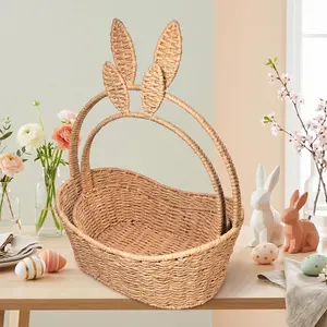 Hand-Woven Easter Bunny Basket with Arch Handle,Natural Paper Rop Easter Basket,Cute Basket for Easter Eggs,Candy,Chocolate,Handcrafted Home with Iron Frame,Small&Large