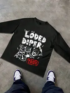 Men's Slim-Fit Long Sleeve T-Shirt, Cartoon Pattern, Casual Daily Wear, Unisex, All Seasons, Street Style, Young College Trend