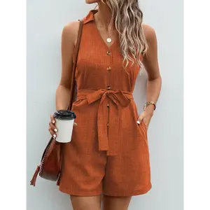 [Elegant Jumpsuit] Lightweight Polyester-Spandex Elegant Sleeveless Jumpsuit | Women's Button-Front Waist Belted - Solid Color with Pockets, Machine Washable for Spring Summer Fall Casual to Formal Wear Fabric Womenswear Overalls Chic Fitted Orange