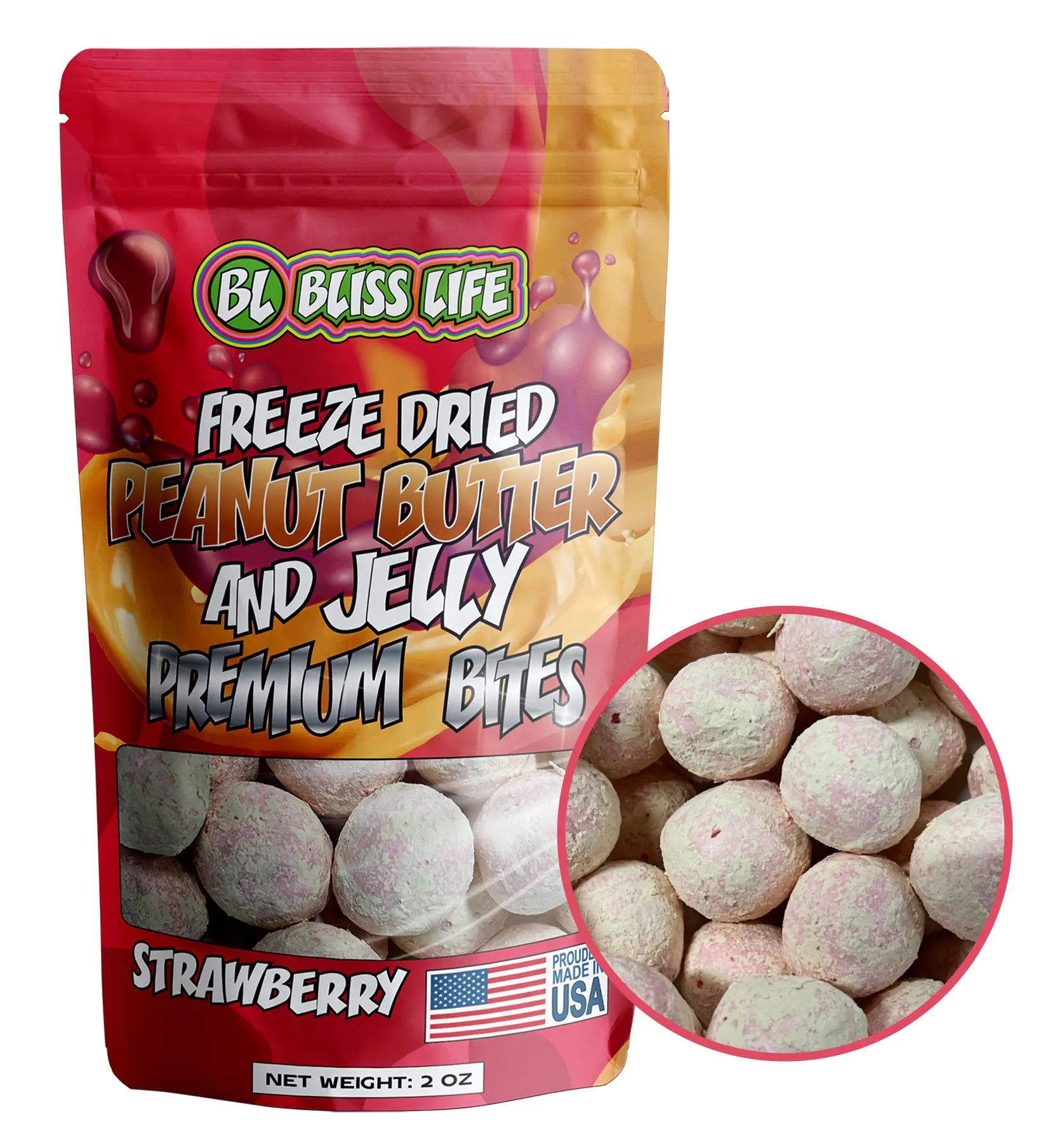 Bliss Life Peanut Butter & Jelly Premium Bites – Strawberry | Light & Crunchy Candy | 2 oz