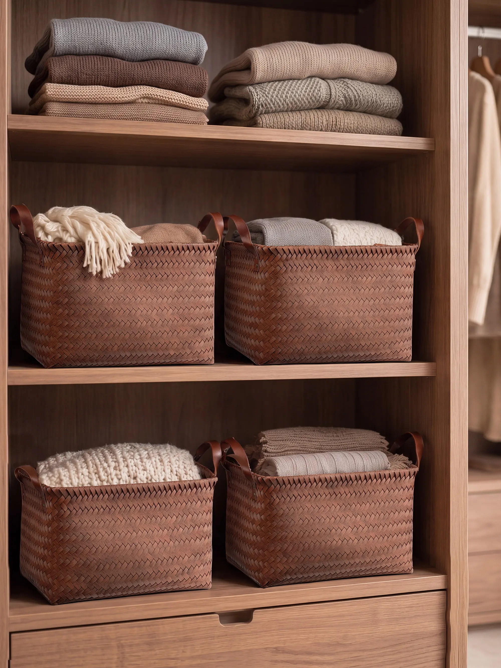 BROWNLILY 4 Pack Handwoven Wicker Storage Baskets, Large Storage Bins, Rattan Style Home Storage Organizer for Shelves, Closet, Laundry Hampers, Clothes & Blanket Storage, Bedroom & Bathroom Organization