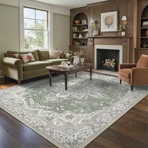 【Deals For You Days】GENIMO Washable Vintage Area Rugs for Living Room, Non-Slip Low Pile Chenille Print Rug, Soft Rugs for Bedroom Dining Room Home Office, Sage & Linen