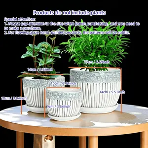 Elegant 3-Pack Gray & White Floral Embossed Ceramic Flower Light-Glazed Pots 10-17cm Vertical Ribbed Design With Saucer For Lilies Carnations Succulents Indoor Decor Planters pots porch indoor outdoor planter