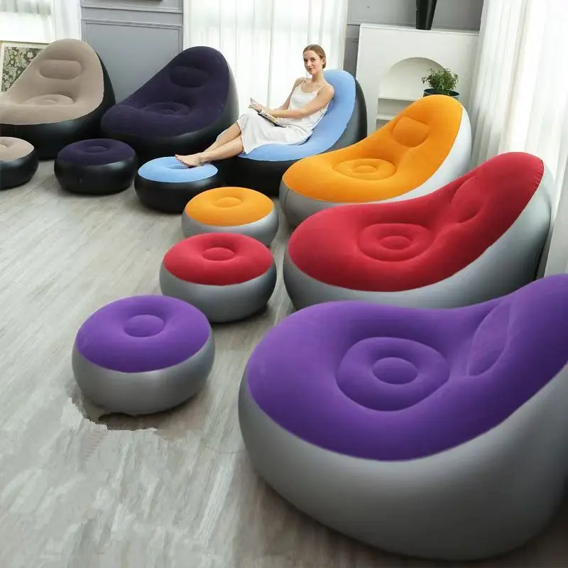 Modern Fleece 2-in-1 Folding Inflatable Mini Couch Bed with Ottoman - Single Sleeper Chair Furniture for Bedroom, Outdoor Camping Use, Mini Couch For Bedroom