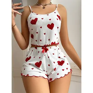 Women's Casual Style Spaghetti Strap Heart Print Ribbed Camisole Pajama Set - Comfortable Stretch Nightwear, Machine Washable, Ideal for Everyday Use