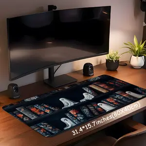 Vintage Halloween Design Large Gaming Mouse Pad,Ghost & Floral Bookshelf Aesthetic Desktop Drotection Pad,Washable Rubber Pad Non-Slip Lock Edge Multi-Size Mouse Pad Suitable For Home Office,Good Gift for Family and friends