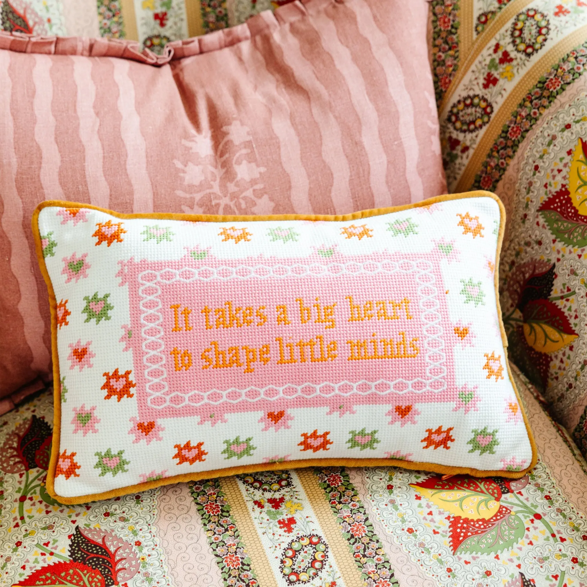 Big Heart Velvet Needlepoint Decorative Pillow - Bold Stitching, Unique Phrases, Included Insert, Fluffy Accent for Beds, Insert And Fluff
