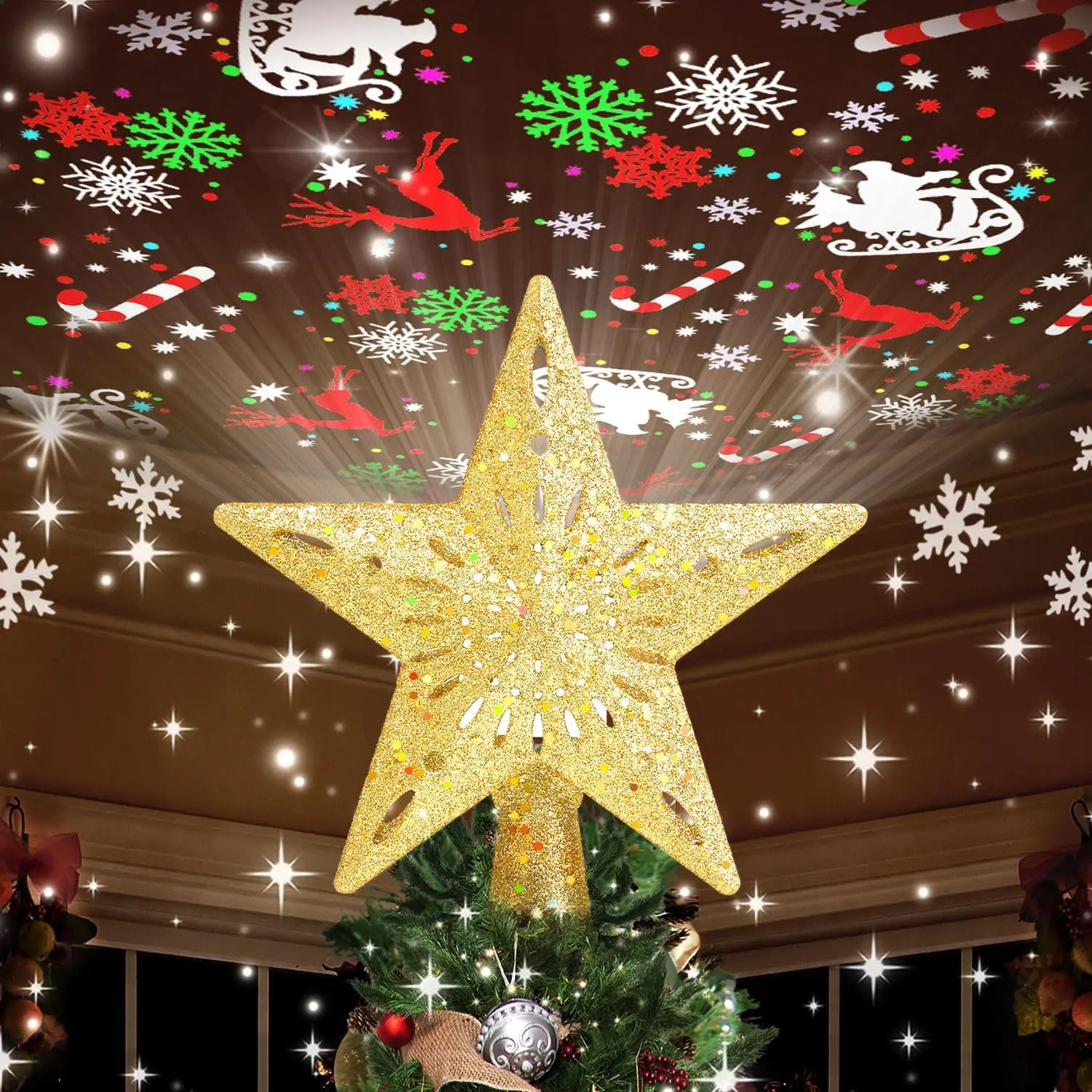 Halloween Fall Gift  New Year 2026 GiftTree Topper Golden Lighted with 6 Projection Modes, Christmas Tree Star Built-in LED Rotating Lights, 3D Glitter Dynamic Projection for Xmas Party Holiday Decorations