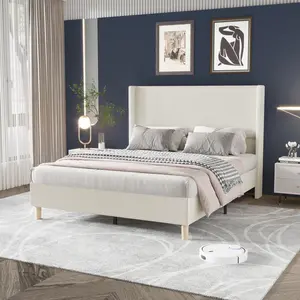 【GARVEE】Corduroy Upholstered Bed Frame with Tall Wingback Headboard – Strong Plain Wood Slats – No Box Spring Needed – Noise-Free, Easy Assembly – Creamy Beige – Available in King, Queen, Full