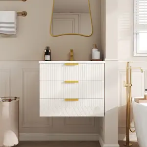 24inch Wall Mounted Floating Cabinet w/Double Drawer, Floating Rectangular Vanity Small Bathroom Sink With Single Faucet Hole and Overflow, Modern Bathroom Cabinet with Ceramic Basin Sink