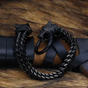 New High Quality Stainless Steel Black Golden Dual Color Bracelet Vintage Personalized Viking Wolf Head Bracelet Men's Best Gift Bracelet