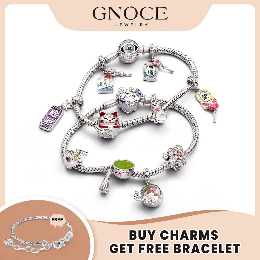 GNOCE Japanese Dangling Charm,  Sterling Silver Cubic Zirconia Pendant with Lucky Cat, Torii Gate & Sakura, Fits Charm Jewelry Bracelets & Necklaces for Women, Dangling Charms Necklace