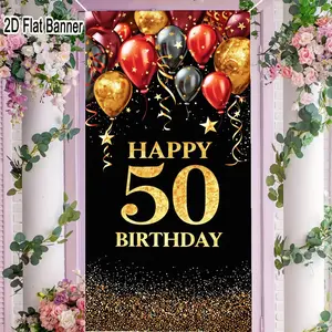 2D flat banner, 1pc50th Birthday Party Backdrop, Black Background with Red Gold Balloons & Streamers Decorations, Festive Happy 50 Birthday Banner for 50th Anniversary Celebration Decorgalentines party decor, valentine day decor, decorations for vale