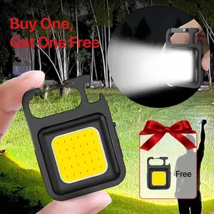 GLITGATE Mini LED Chain Flashlight, 2 PCS COB Portable Camping Light, USB Rechargeable Work Light with Keychain & Bottle Opener Function, Waterproof Camping Hand Light, Folding Work Light for Outdoor Camping, Emergency, Hiking, Auto Repair