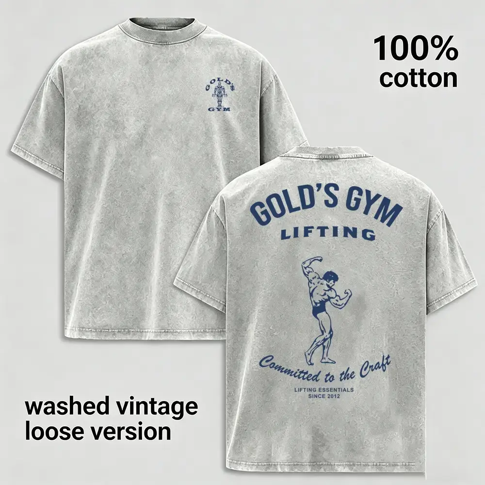 Men's 100% Cotton Vintage Bodybuilder Weight Lifting Graphic Washed Oversized Short-Sleeve T-Shirt - Front & Back Print, Retro Distressed Muscle Man Top, Gym Fitness Training Casual Streetwear