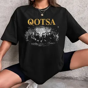 Women's Fitted Lady's Queens of the Stone Age Vintage Cotton Crew Neck Graphic T-Shirt - Streetwear Casual Desert Rock Aesthetic Digital Print Clothes, tm11108