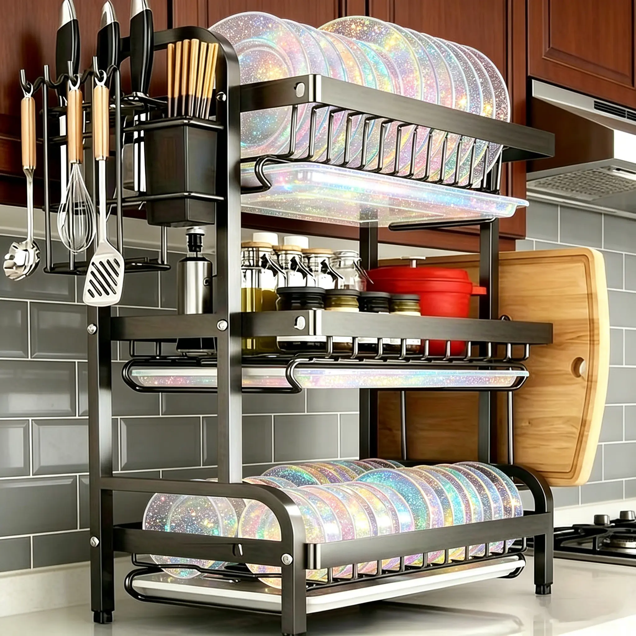 3-Tier Black Stainless Steel Dish Rack, Large-Capacity Kitchen Countertop organizerrack with Removable Drip Tray, Utensil Holder and Cutting Board Rack, Rust-Resistant, Durable and Easy to Assemble, Interchangeable Accessories, Kitchen Tidy And Organized,