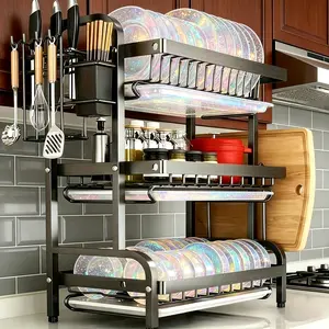 3-Tier Black Stainless Steel Dish Rack, Large-Capacity Kitchen Countertop organizerrack with Removable Drip Tray, Utensil Holder and Cutting Board Rack, Rust-Resistant, Durable and Easy to Assemble