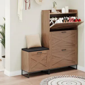 Farmhouse Shoe Cabinet with Bench for Entryway, 3 Flip Drawers Storage  Shoes Organizer Narrow Hidden Shoe Rack Cabinet for Hallway, Closet, Living Room Entrance