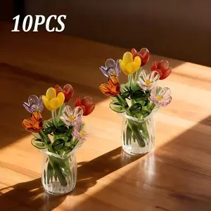 2026 New Arrival 10Pcs Handmade Crystal Glass Tulip Bouquet, Colorful Faux Bouquet, Decorative Flowers for Indoor Recreation Table Decor