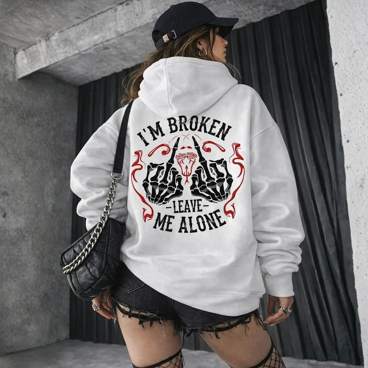 I'm Broken Leave Me Alone Hoodie, Edgy Skeleton Hand Graphic Sweatshirt, Gothic Streetwear Oversized Jumper, Dark Aesthetic Apparel, Unisex Full Size S–5XL
