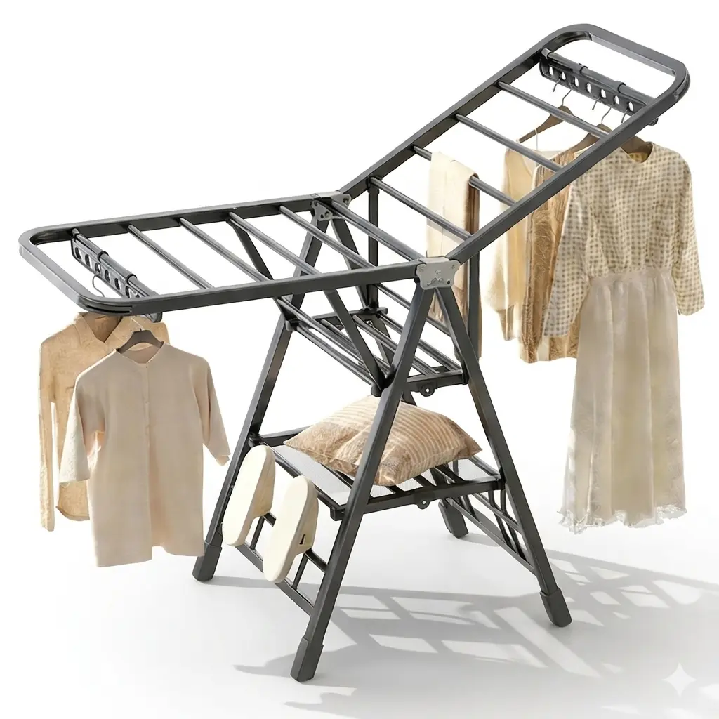 Joybos Foldable Clothes Drying Rack, Heavy Duty Gullwing Laundry Drying Rack with Shoe Holders & Hooks, Indoor Outdoor Portable Clothing Rack for Quilt Blanket Towels campingessentials