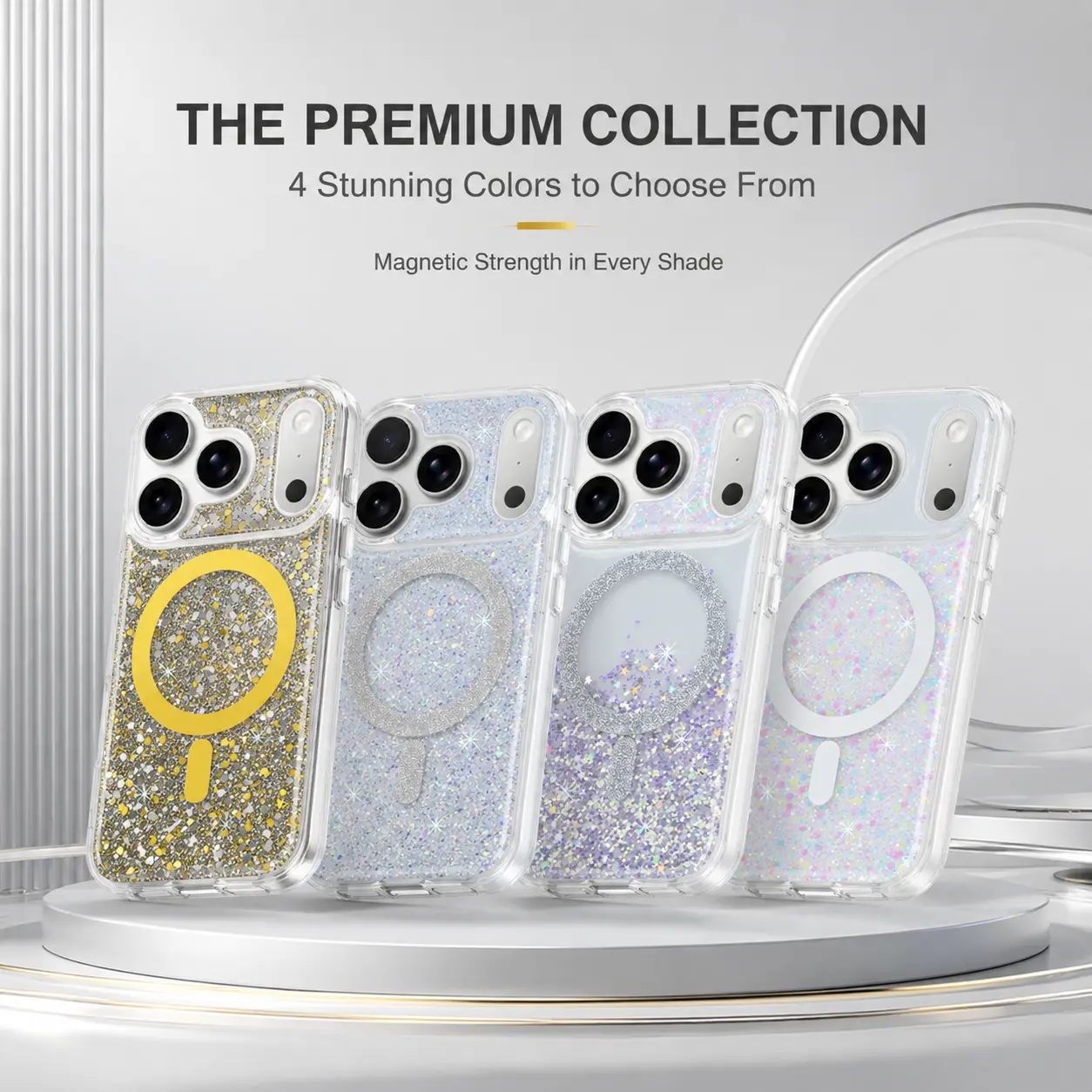 NICESTCASE Customized Magnetic Flash Powder Epoxy Resin TPU-Polycarbonate Transparent Durable Phone Case for iPhone, Heavy Duty 1.5m Drop Protection Accessory, Anti-Yellowing, 3D Shimmering Effect & Tempered Glass Cover