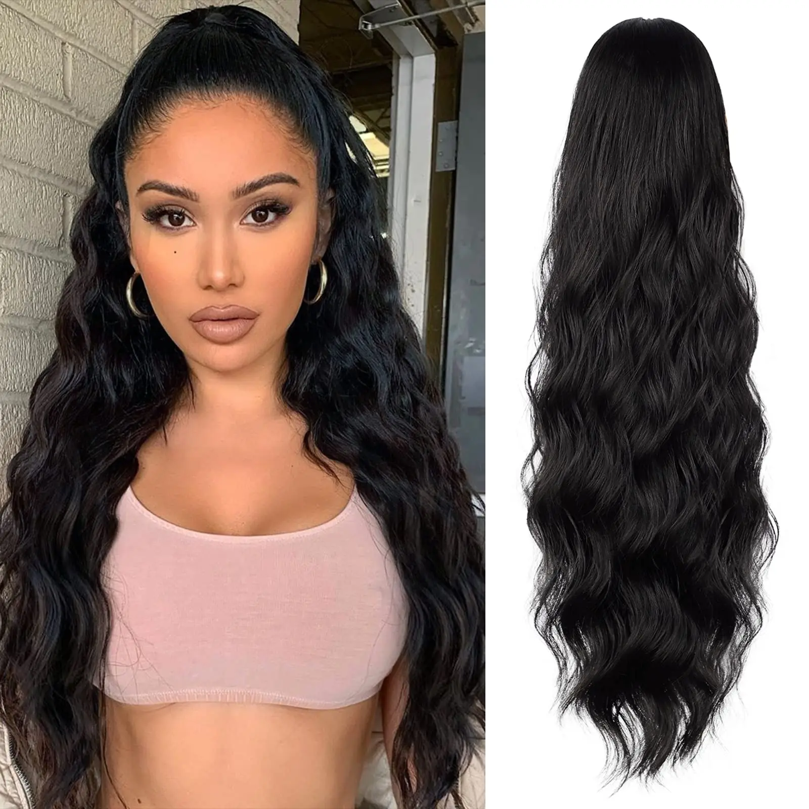 Drawstring Ponytail Extension, 26 Inch Long Loose Wavy Synthetic Hairpiece for Women, Fluffy Full Volume for Parties and Daily Use, Loose Wavy Wave, Drawstring Wig, Friends, Family, Ponytails, Wavy Curly Ponytails, Thick Hair Piece