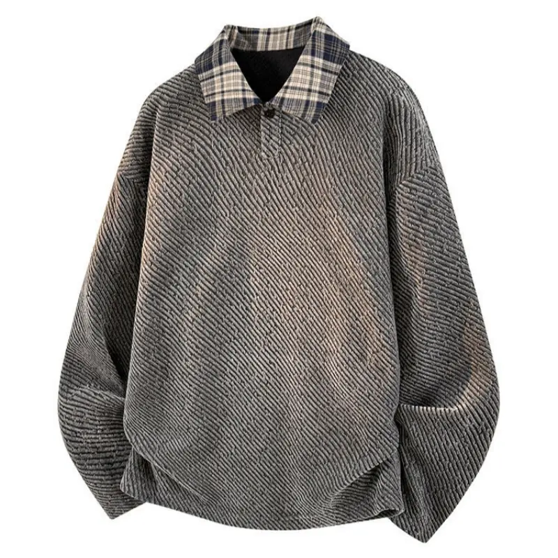 Men's Premium Diagonal Striped Corduroy Half-Button Sweatshirt - Contrast Plaid Lapel Collar, Loose Oversized Drop Shoulder Long-Sleeve Pullover, Tactile Ribbed Texture Vintage Retro Casual Outerwear for Spring Autumn Daily Outfits, Premium, Tactile Feel,