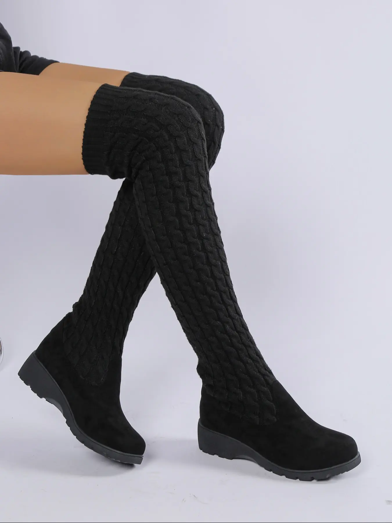 New Fall Winter over Knee Knit Boots for Women, Fashionable Elastic Slimming Slip-On Boots, Comfortable Heel Warm Sock Boots
