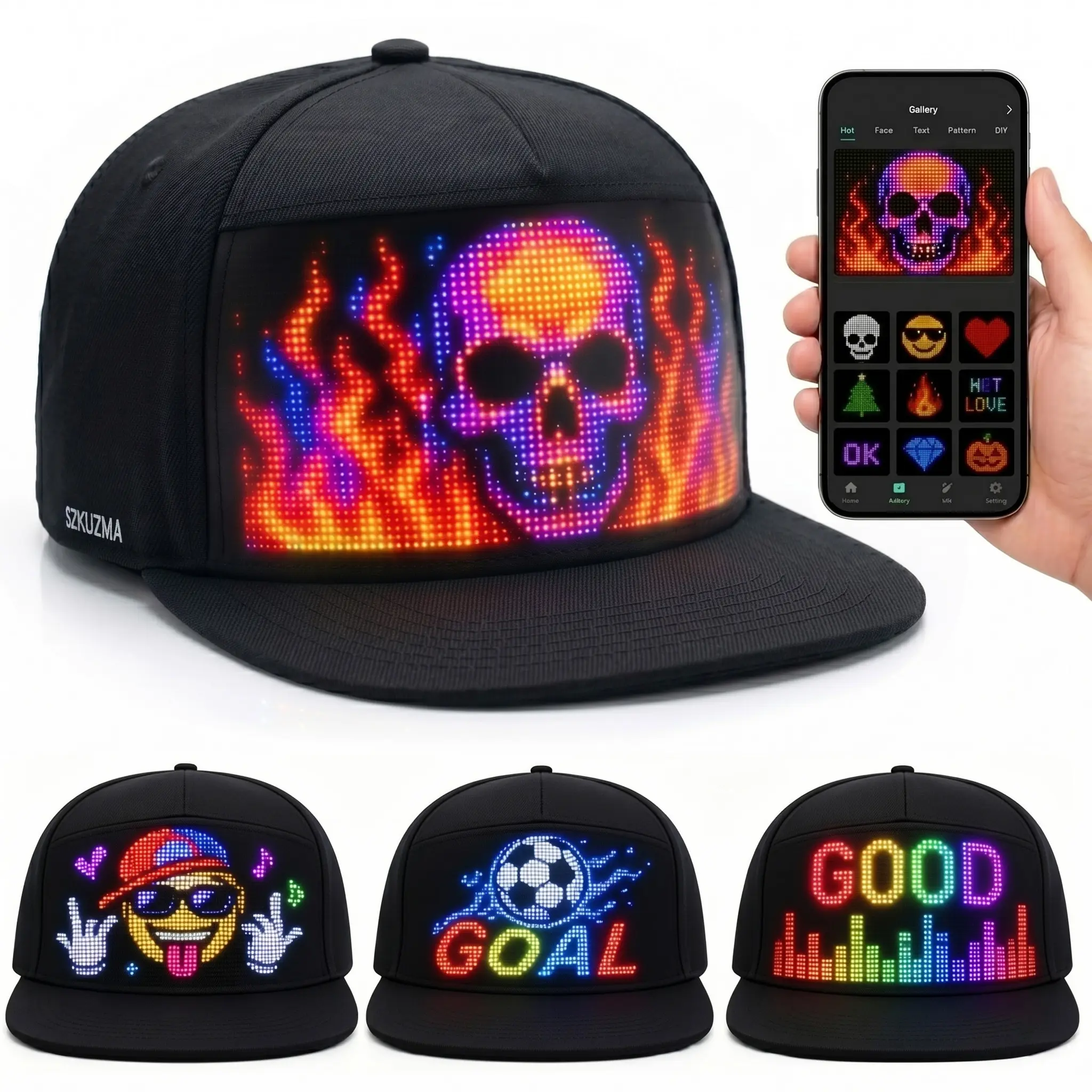 SZKUZMA Customizable App-Controlled Programmable LED Light Baseball Cap, Adjustable Snapback with Scrolling Text, Luminous Graphic, 100+ Animation Pick, USB Rechargeable for Festivals, Parties, Concert Gear