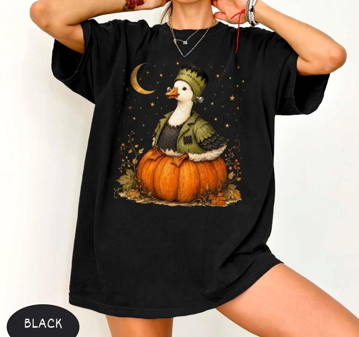 Comfort Colors Frankenstein Goose on Pumpkin Shirt, Funny Halloween Goose Tee, Cute Spooky Goose T-Shirt, Starry Night Pumpkin Tee. Casual Blue Womenswear Cotton