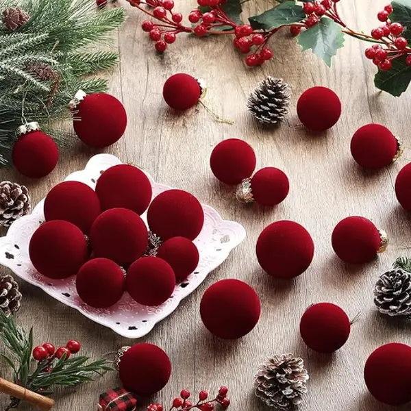 40 Pcs Velvet Christmas Balls Flocked Christmas Tree Hanging Ornaments Neutral Shatterproof Plastic Velvet Ball for Xmas Tree Decor