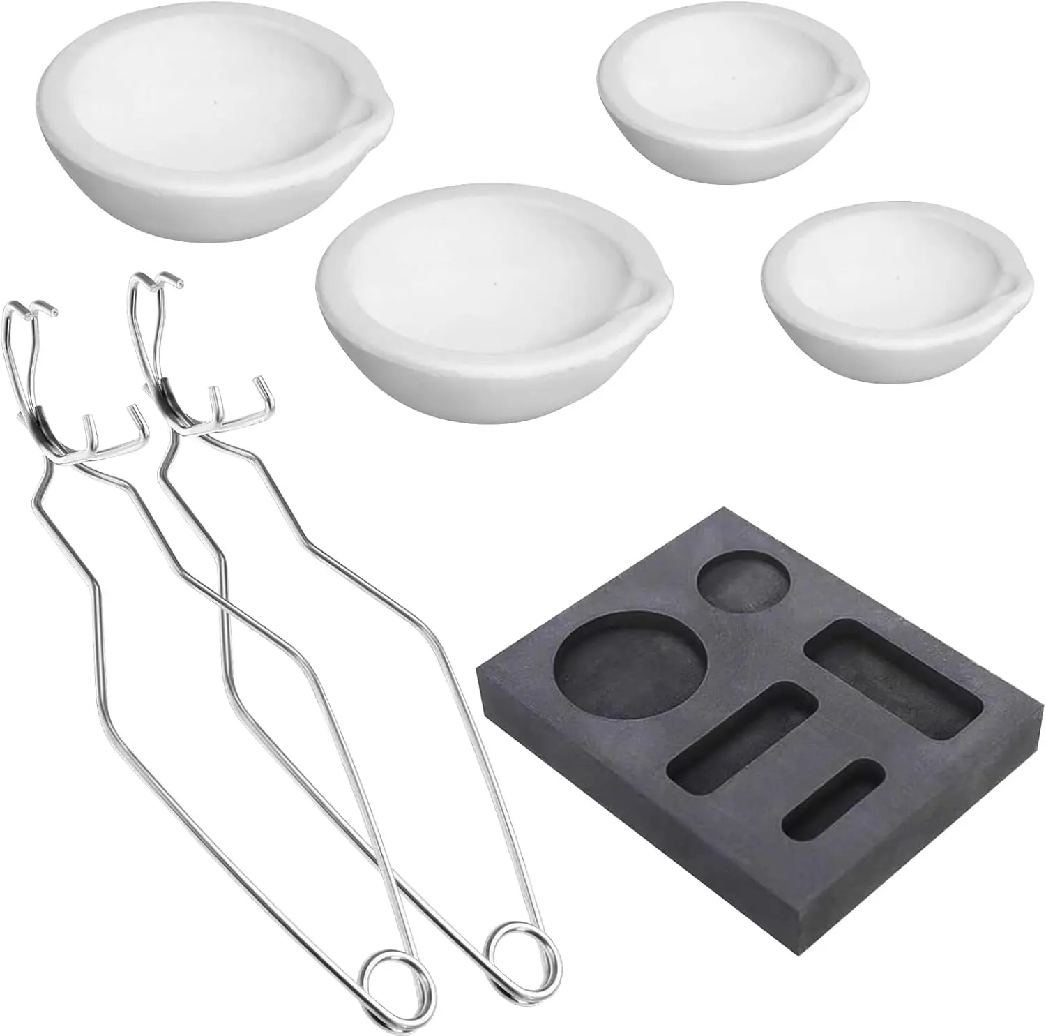 7pcs Graphite Metal Melting Casting Kit,5-in-1 Graphite Ingot Mold | 2 Quartz Crucibles (250g+600g), 2 stainless steel tongs, Fast Heating for Gold Silver Copper Aluminum, DIY Jewelry Casting