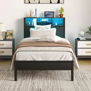 Twin Size Bed Frame with Storage Headboard and LED Lights, Metal Twin Platform Bed with Charging Station, Bookcase Storage, No Box Spring Needed, Easy Assembly, Black Brown