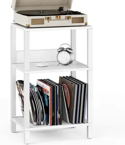 Record Player Stand with Storage Up to 100 Albums,Record Storage Table,3 Tier End Table,Side Table for Living Room, Bedroom, White TB01BW075