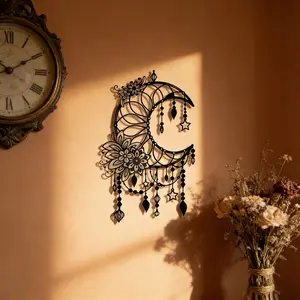 Moon & Flower Pattern Wall Decor, Metal Wall Art, Wall Hanging Decor, Tassels Pendant Decor for Home Living Room Bedroom, Room Decor, Home Decor, Hangable, Interior Wall Decor