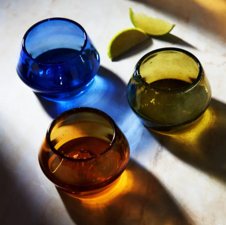 Tequila Copita Glass in Cobalt, Amber and Green glassware Colorful Drinkware friend gift Traditional Handmade Mexico Set of 3
