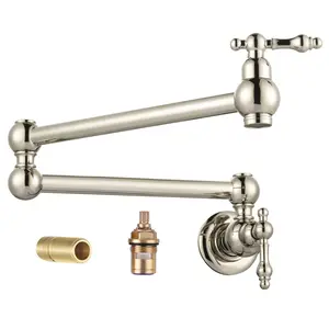 WOWOW Kitchen Wall Mount Polished Nickel Commercial Faucet Folding Kitchen Faucet Restaurant Faucet Copper 2 Handles Double Joint Swing Arm Faucet