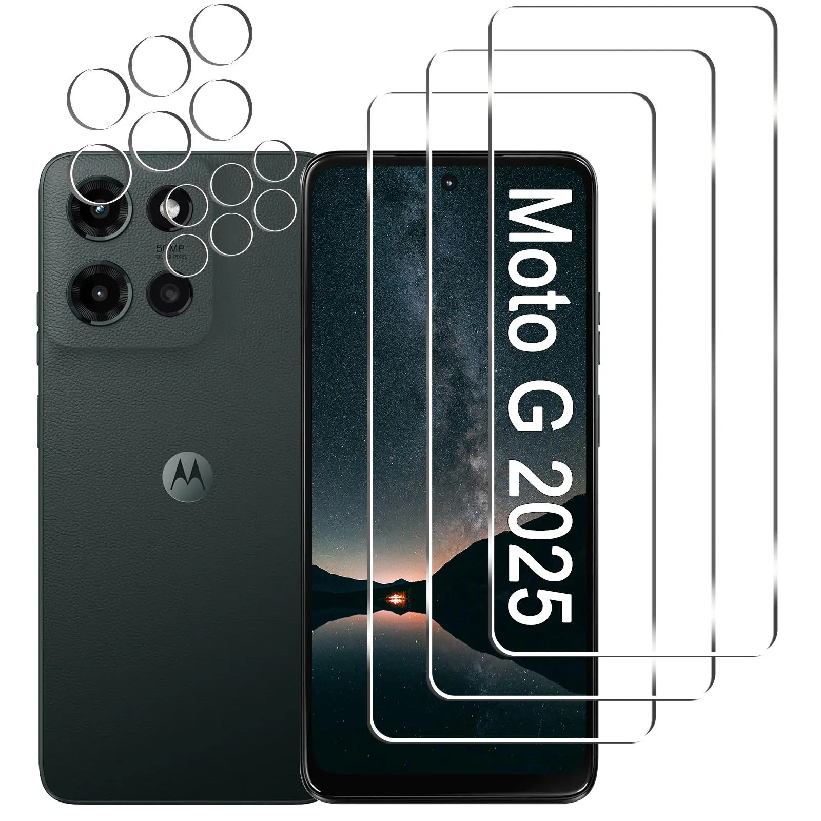 Tempered Glass Smartphone Screen Protector Kit for Moto G 2025 (6.7in) - 3-Pack Guards, 3-Pack Camera Lens Protectors, Anti-Scratch, Anti-Fingerprint, Bubble-Free, Easy Installation, Aftermarket Accessory, Handheld
