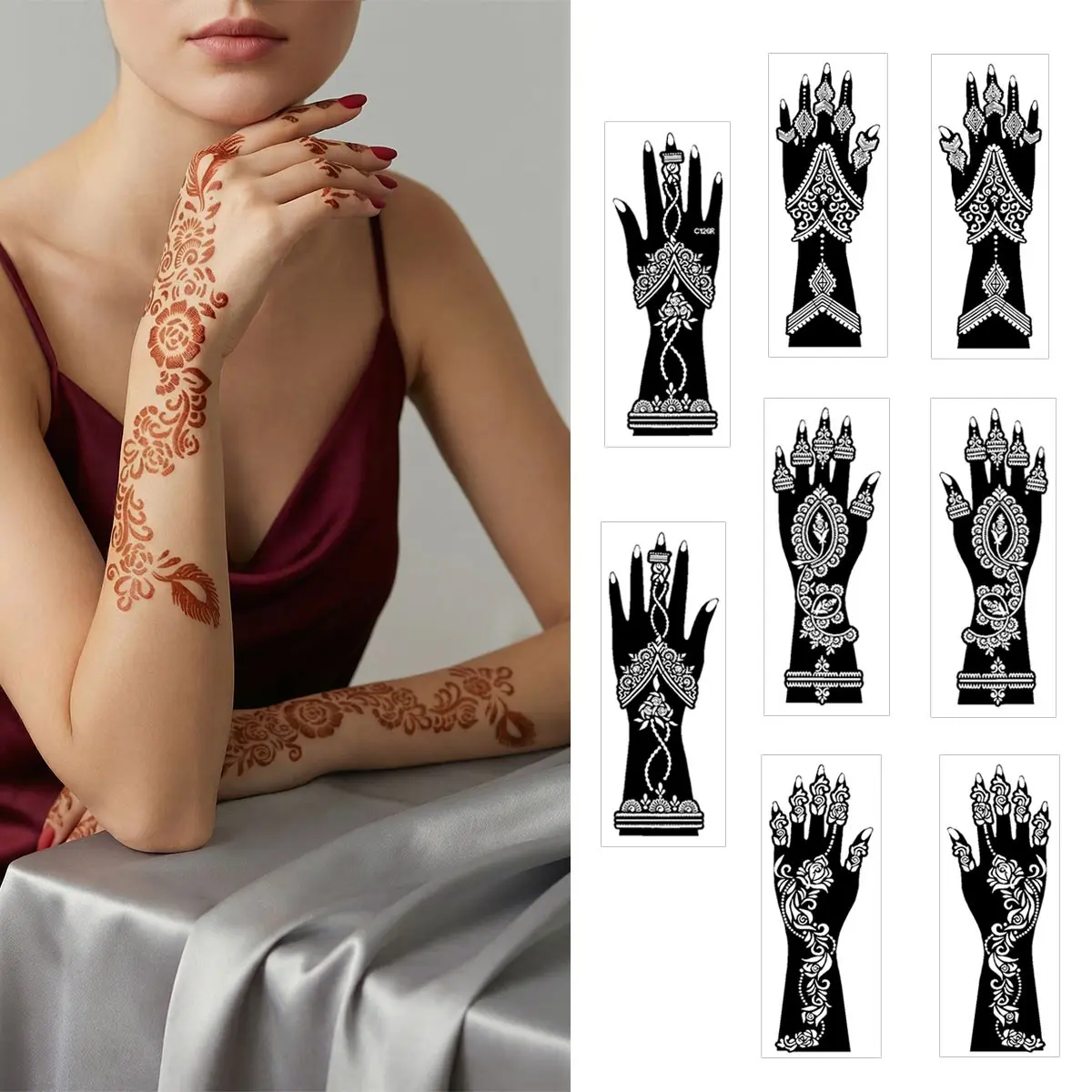 8pcs Tattoo Hollowed-Out Stencils, Arm Tattoo Template Stickers, Henna Hand Temporary Body Painting, Reusable, Ideal for Parties