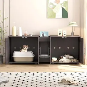 Litter Box Enclosure with Double Room,Cat Hidden Litter Box Enclosure Furniture for 2 Cats with Double Room, 55”L x 17.7”W x 22.5”H Cat House,Wooden Enclosed Cat Litter Box Furniture,Walnut