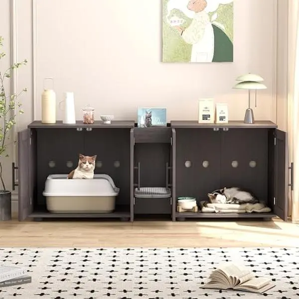 Walnut Finish Waterproof Wood Hidden Litter Box Enclosure - 55”L x 17.7”W x 22.5”H Large Multi-Use Storage + Litter Unit, Double-Room Design, Lighting, Odor Control, Reduces Mess, All Seasons Use, Convenient for 2 Cats (Pet Supplies), Proper Ventilation,