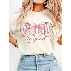 180g[100% Cotton] 1pc Women's Vintage Christian "God Is Good" Bible Verse T-Shirt with Floral Bow Design, Soft Round Neck Short Sleeve, Machine Washable Beige Casual Top for Mother's Day, Father's Day & All Festivals  Golf Gift T-Shirt For Men and Women